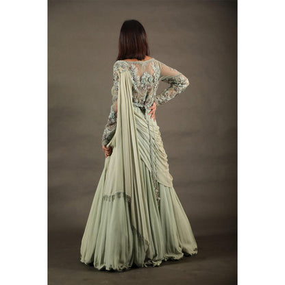Omana by Ranjana Bothra Green Organza Solid/Plain Saree Lehenga with Belt