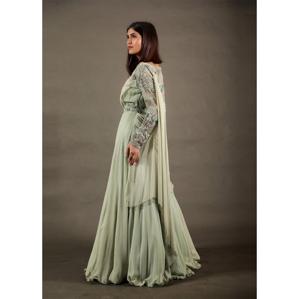 Omana by Ranjana Bothra Green Organza Solid/Plain Saree Lehenga with Belt