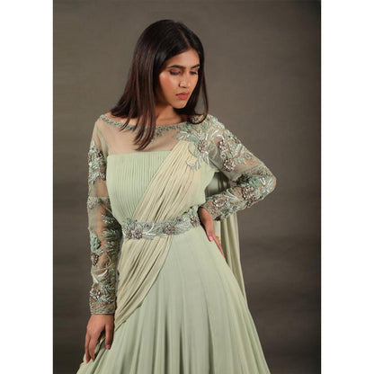 Omana by Ranjana Bothra Green Organza Solid/Plain Saree Lehenga with Belt