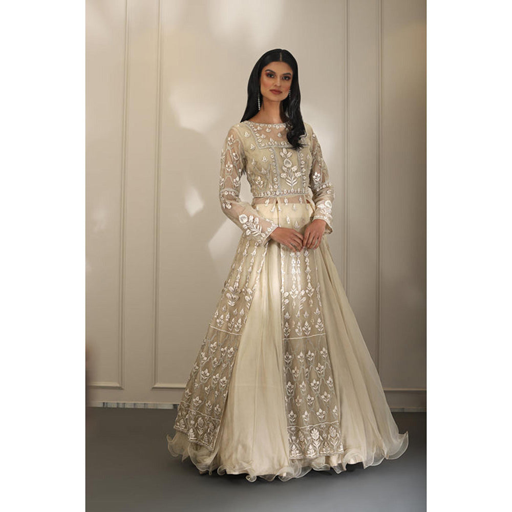 Omana by Ranjana Bothra Ivory Organza Embroidered Blouse with Lehenga and Jacket