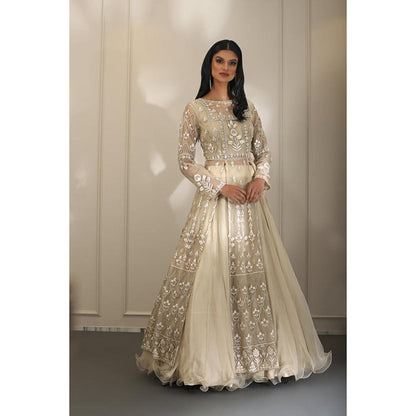 Omana by Ranjana Bothra Ivory Organza Embroidered Blouse with Lehenga and Jacket