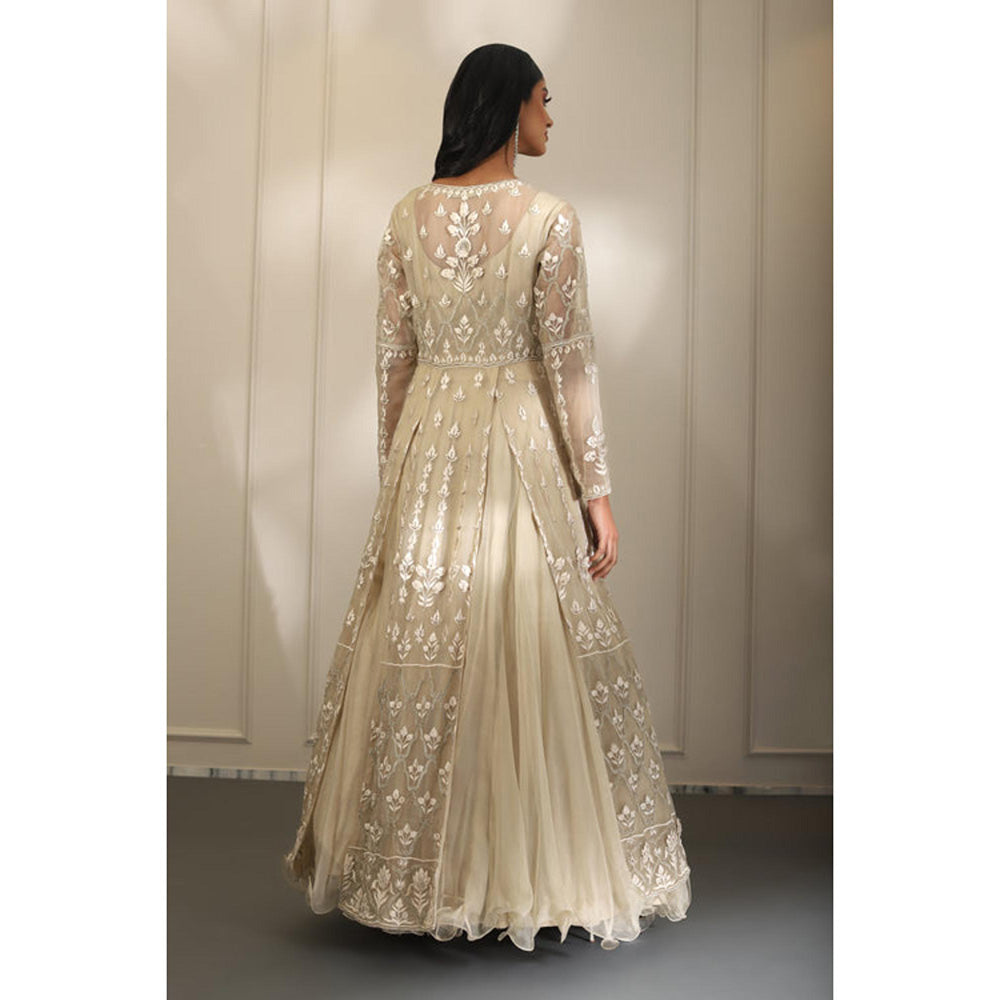 Omana by Ranjana Bothra Ivory Organza Embroidered Blouse with Lehenga and Jacket