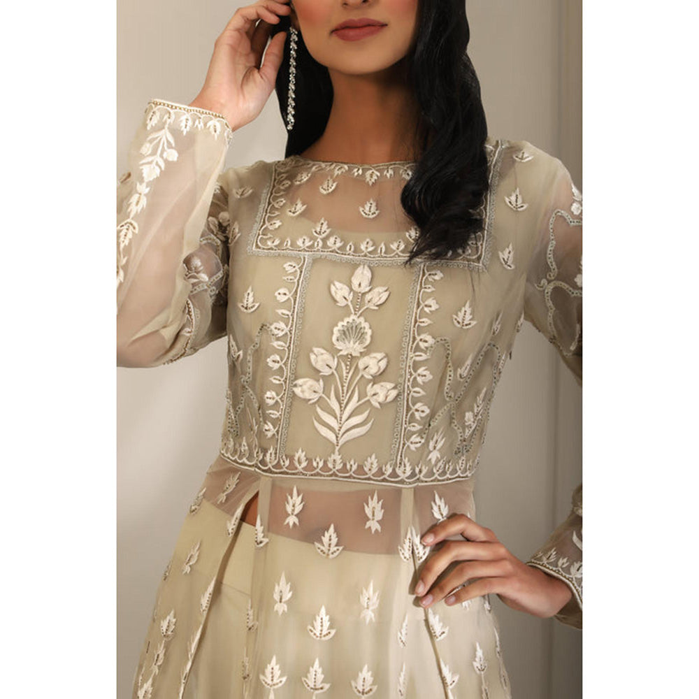 Omana by Ranjana Bothra Ivory Organza Embroidered Blouse with Lehenga and Jacket