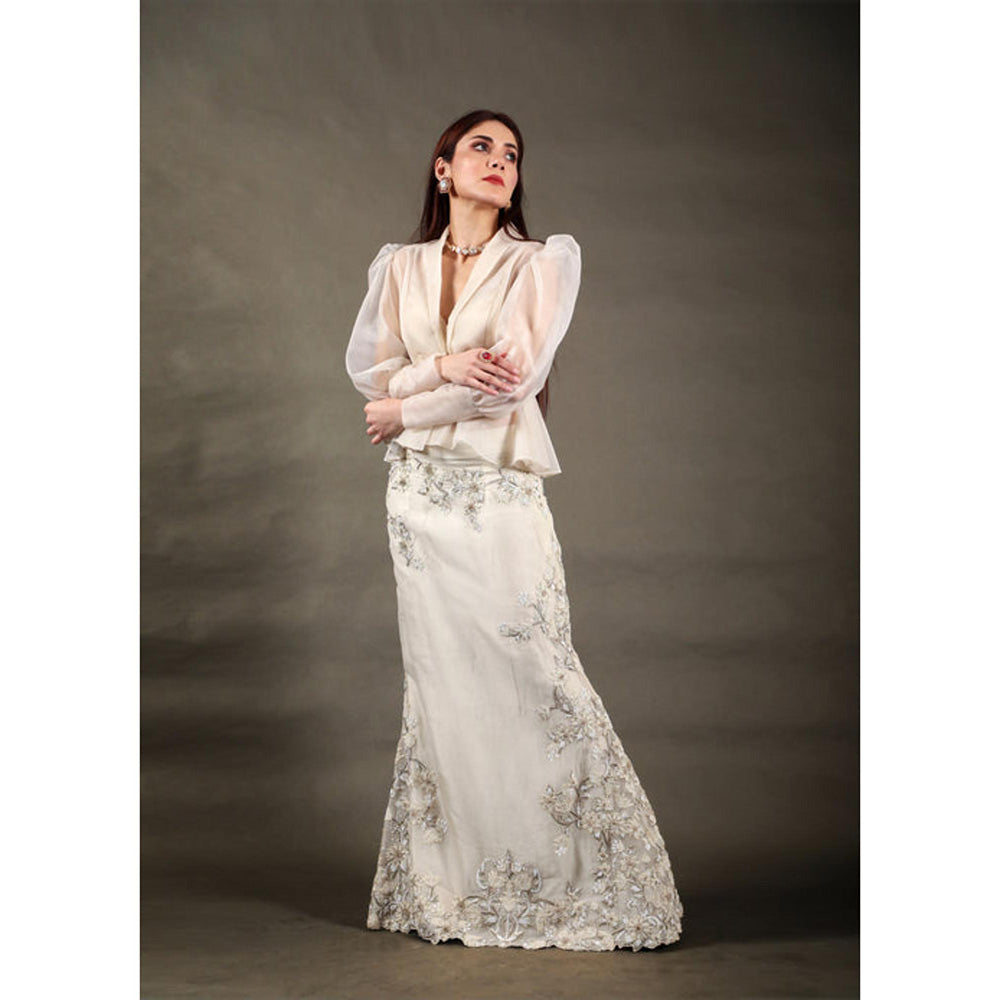 Omana by Ranjana Bothra Ivory Organza Embroidered Bustier with Skirt and Cape