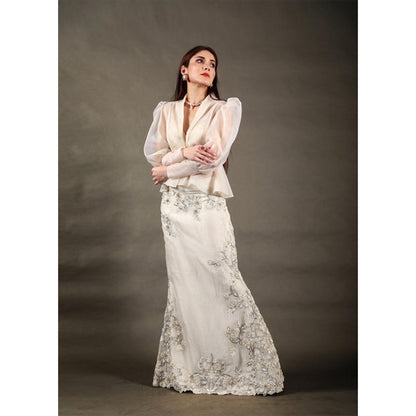 Omana by Ranjana Bothra Ivory Organza Embroidered Bustier with Skirt and Cape