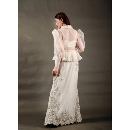 Omana by Ranjana Bothra Ivory Organza Embroidered Bustier with Skirt and Cape