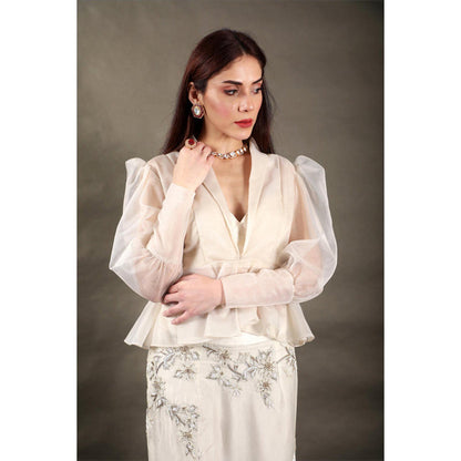 Omana by Ranjana Bothra Ivory Organza Embroidered Bustier with Skirt and Cape
