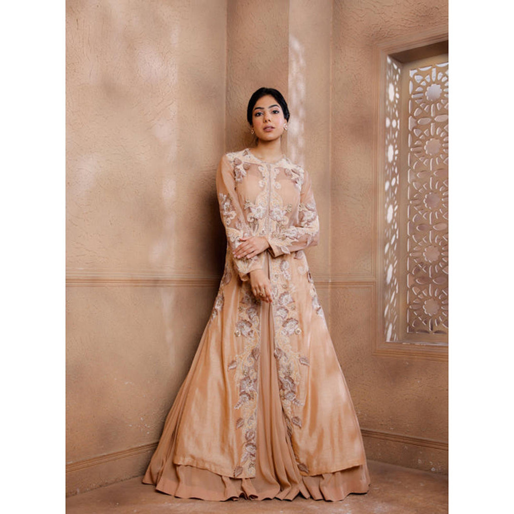 Omana by Ranjana Bothra Pink Organza Embroidered Blouse with Lehenga and Jacket
