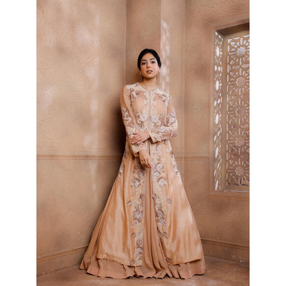 Omana by Ranjana Bothra Pink Organza Embroidered Blouse with Lehenga and Jacket