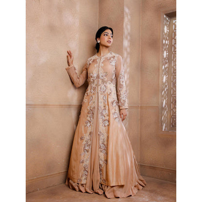 Omana by Ranjana Bothra Pink Organza Embroidered Blouse with Lehenga and Jacket