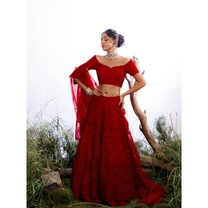 Omana by Ranjana Bothra Red Organza Embroidered Blouse with Lehenga and Dupatta
