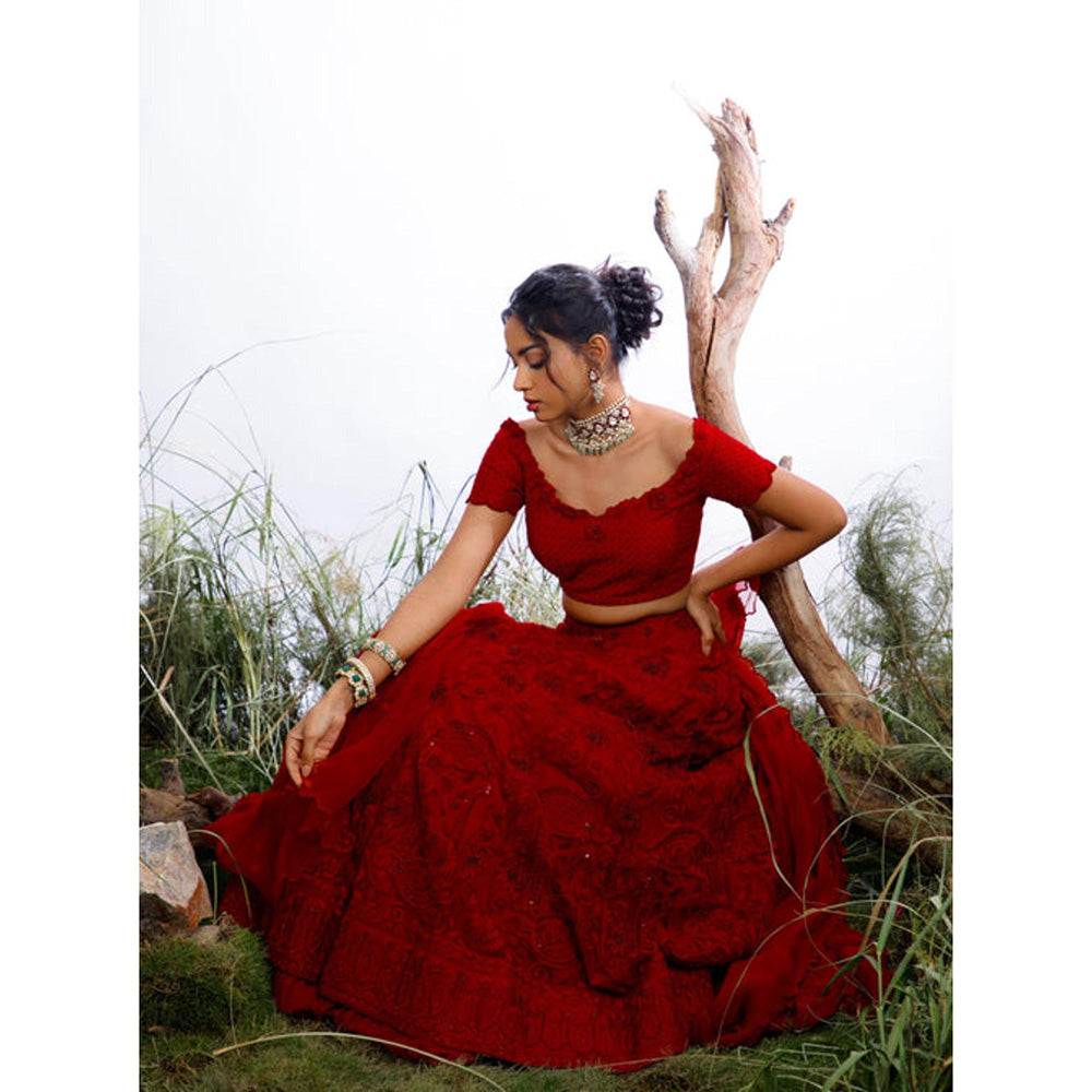 Omana by Ranjana Bothra Red Organza Embroidered Blouse with Lehenga and Dupatta