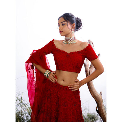 Omana by Ranjana Bothra Red Organza Embroidered Blouse with Lehenga and Dupatta