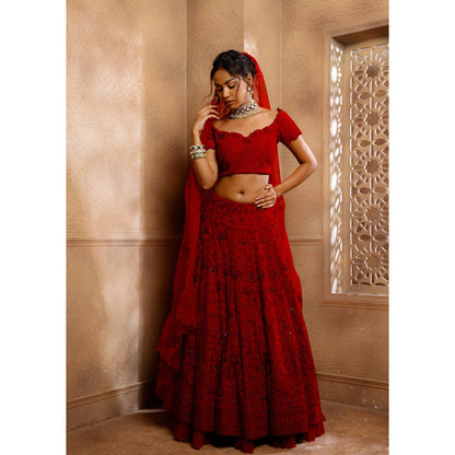 Omana by Ranjana Bothra Red Organza Embroidered Blouse with Lehenga and Dupatta