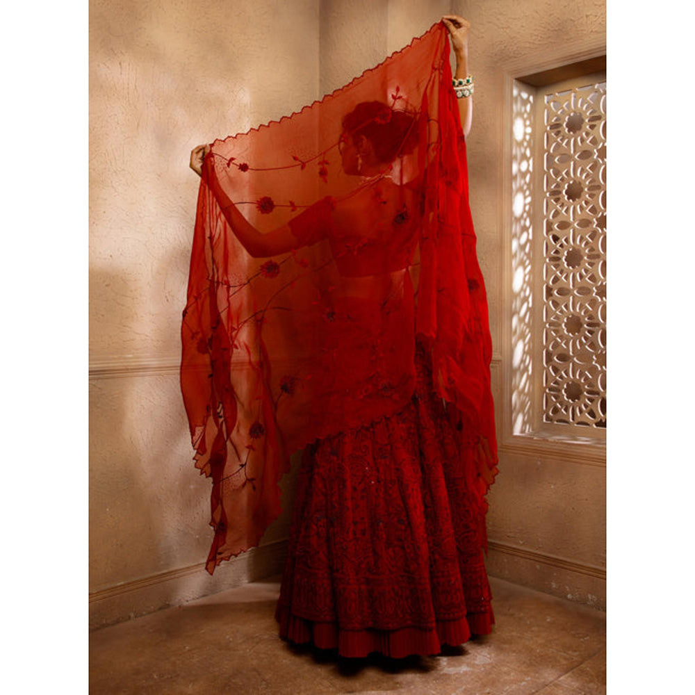 Omana by Ranjana Bothra Red Organza Embroidered Blouse with Lehenga and Dupatta