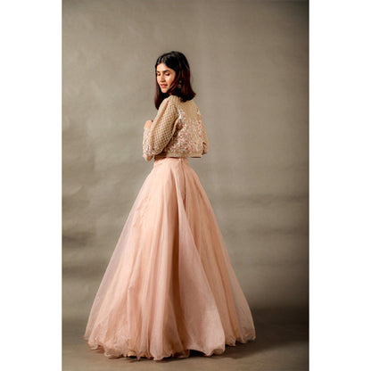 Omana by Ranjana Bothra Pink Organza Embroidered Blouse with Lehenga and Jacket