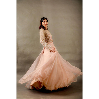 Omana by Ranjana Bothra Pink Organza Embroidered Blouse with Lehenga and Jacket