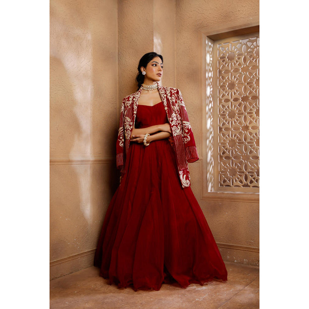 Omana by Ranjana Bothra Red Organza Embroidered Blouse with Lehenga and Jacket