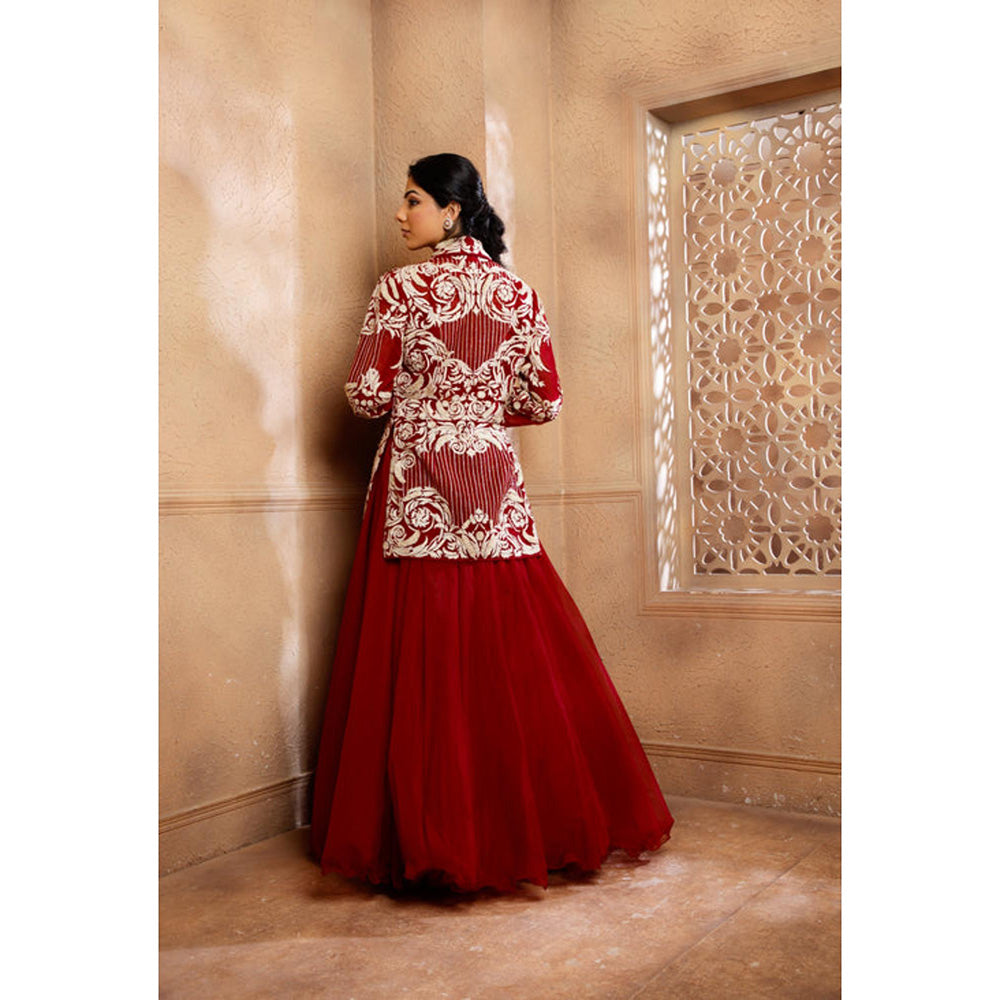 Omana by Ranjana Bothra Red Organza Embroidered Blouse with Lehenga and Jacket