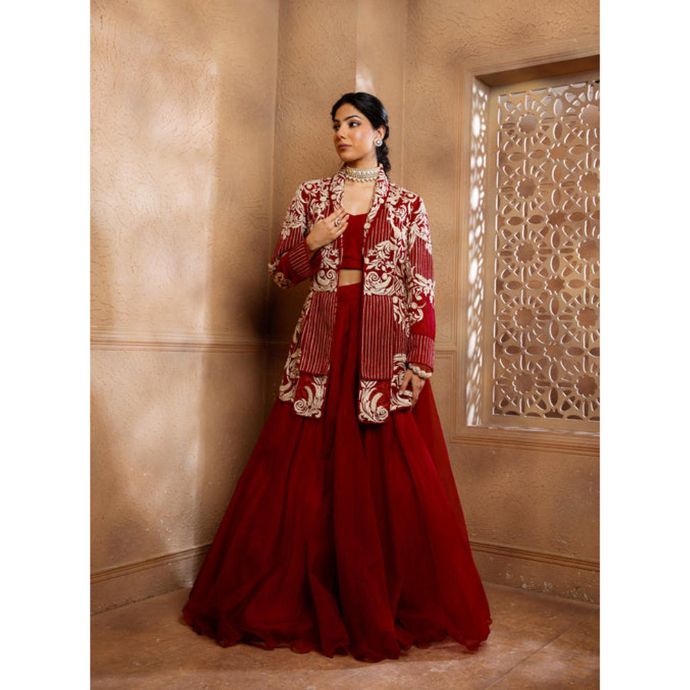 Omana by Ranjana Bothra Red Organza Embroidered Blouse with Lehenga and Jacket