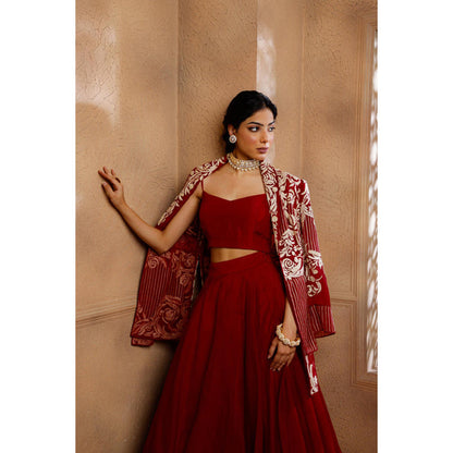 Omana by Ranjana Bothra Red Organza Embroidered Blouse with Lehenga and Jacket