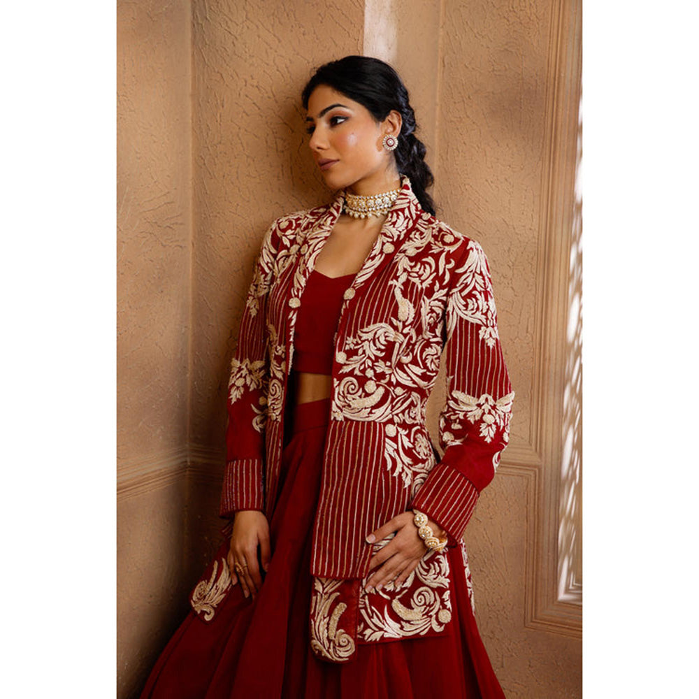 Omana by Ranjana Bothra Red Organza Embroidered Blouse with Lehenga and Jacket