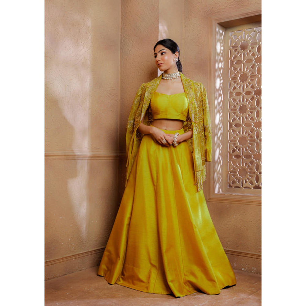 Omana by Ranjana Bothra Mustard Organza Embroidered Blouse with Lehenga and Jacket