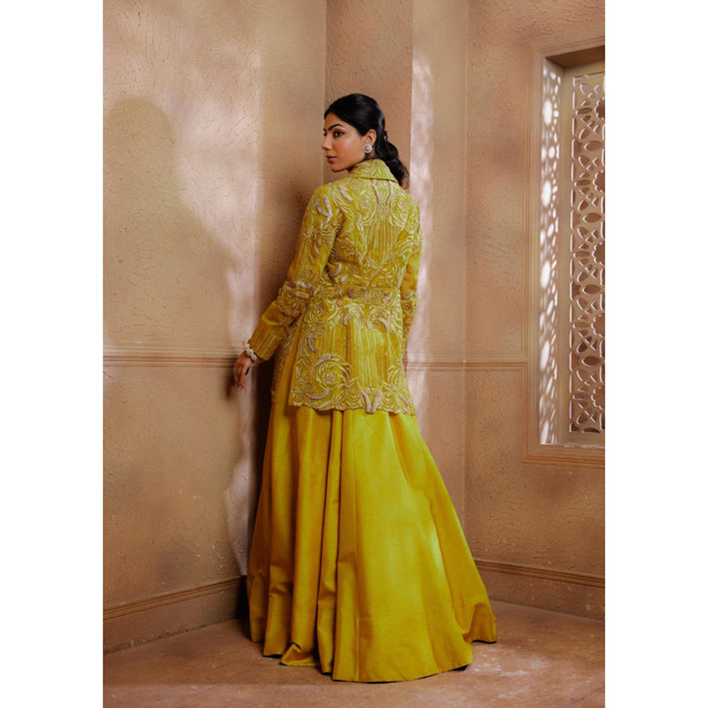 Omana by Ranjana Bothra Mustard Organza Embroidered Blouse with Lehenga and Jacket
