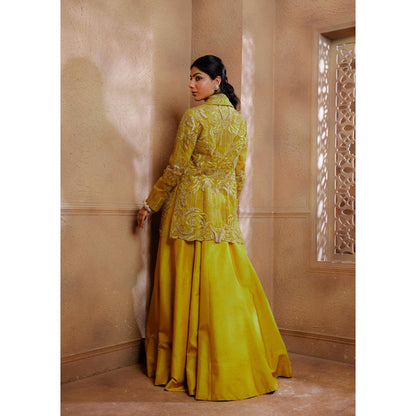 Omana by Ranjana Bothra Mustard Organza Embroidered Blouse with Lehenga and Jacket