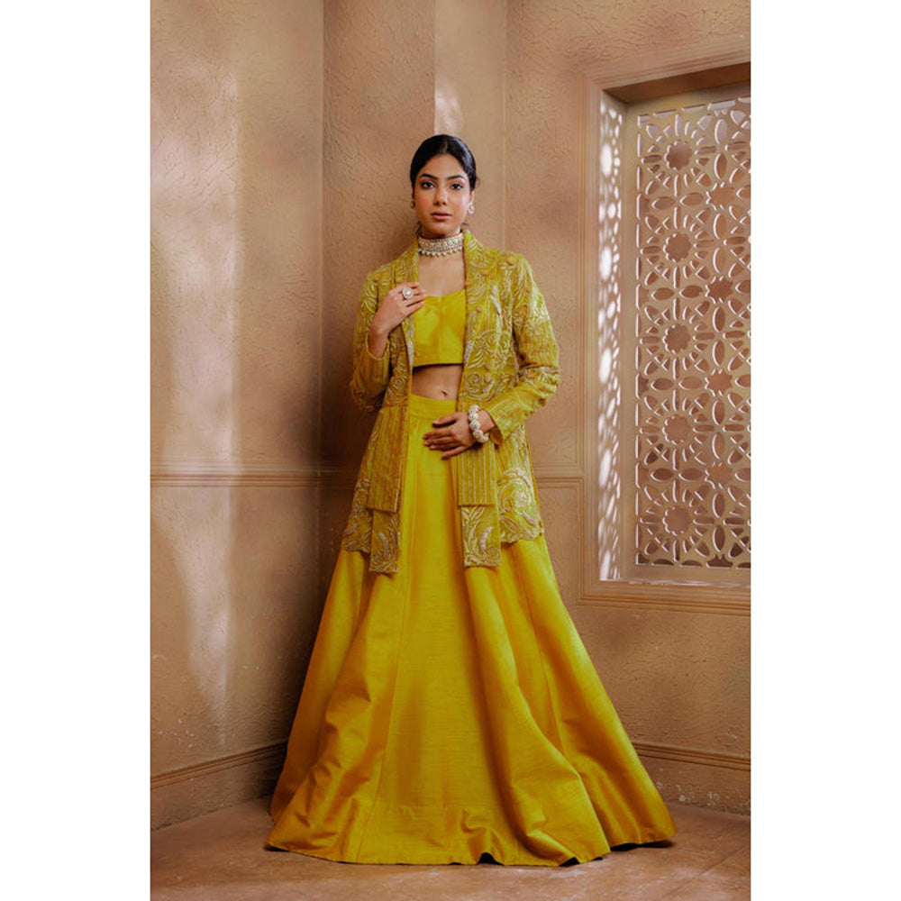 Omana by Ranjana Bothra Mustard Organza Embroidered Blouse with Lehenga and Jacket