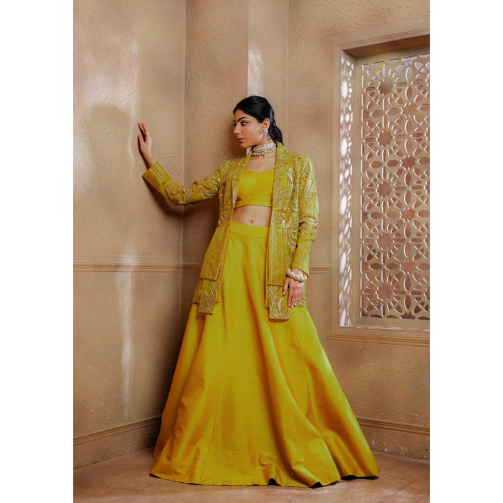 Omana by Ranjana Bothra Mustard Organza Embroidered Blouse with Lehenga and Jacket