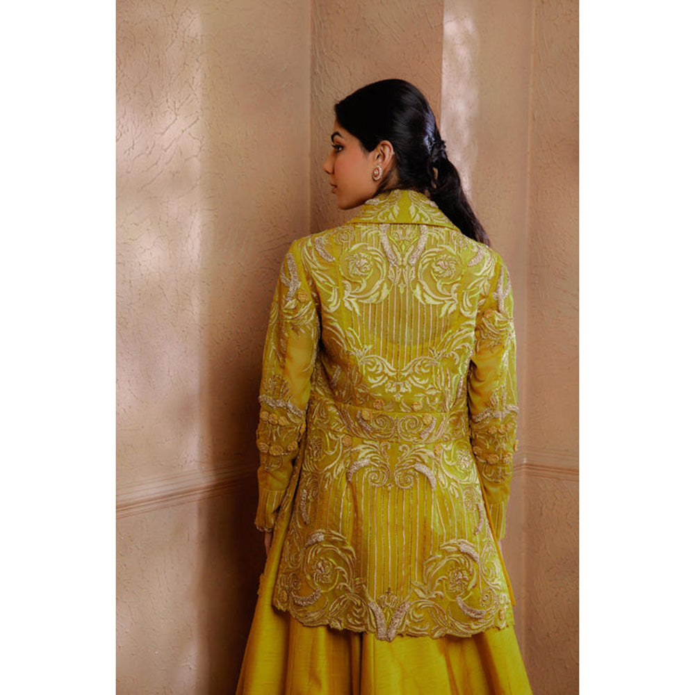 Omana by Ranjana Bothra Mustard Organza Embroidered Blouse with Lehenga and Jacket