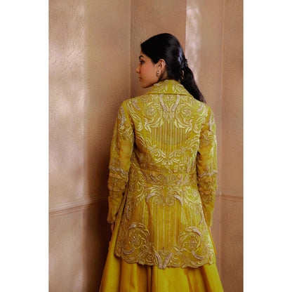 Omana by Ranjana Bothra Mustard Organza Embroidered Blouse with Lehenga and Jacket