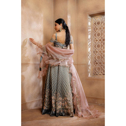 Omana by Ranjana Bothra Grey Organza Embroidered Blouse with Lehenga and Dupatta