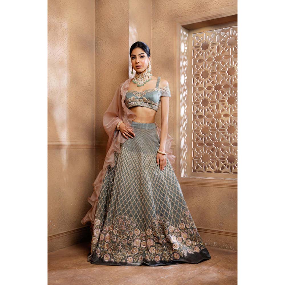 Omana by Ranjana Bothra Grey Organza Embroidered Blouse with Lehenga and Dupatta