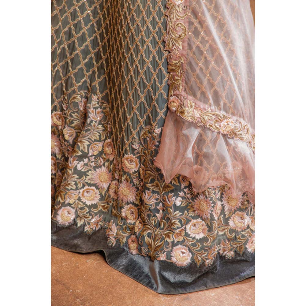 Omana by Ranjana Bothra Grey Organza Embroidered Blouse with Lehenga and Dupatta