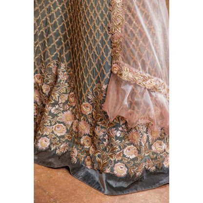Omana by Ranjana Bothra Grey Organza Embroidered Blouse with Lehenga and Dupatta