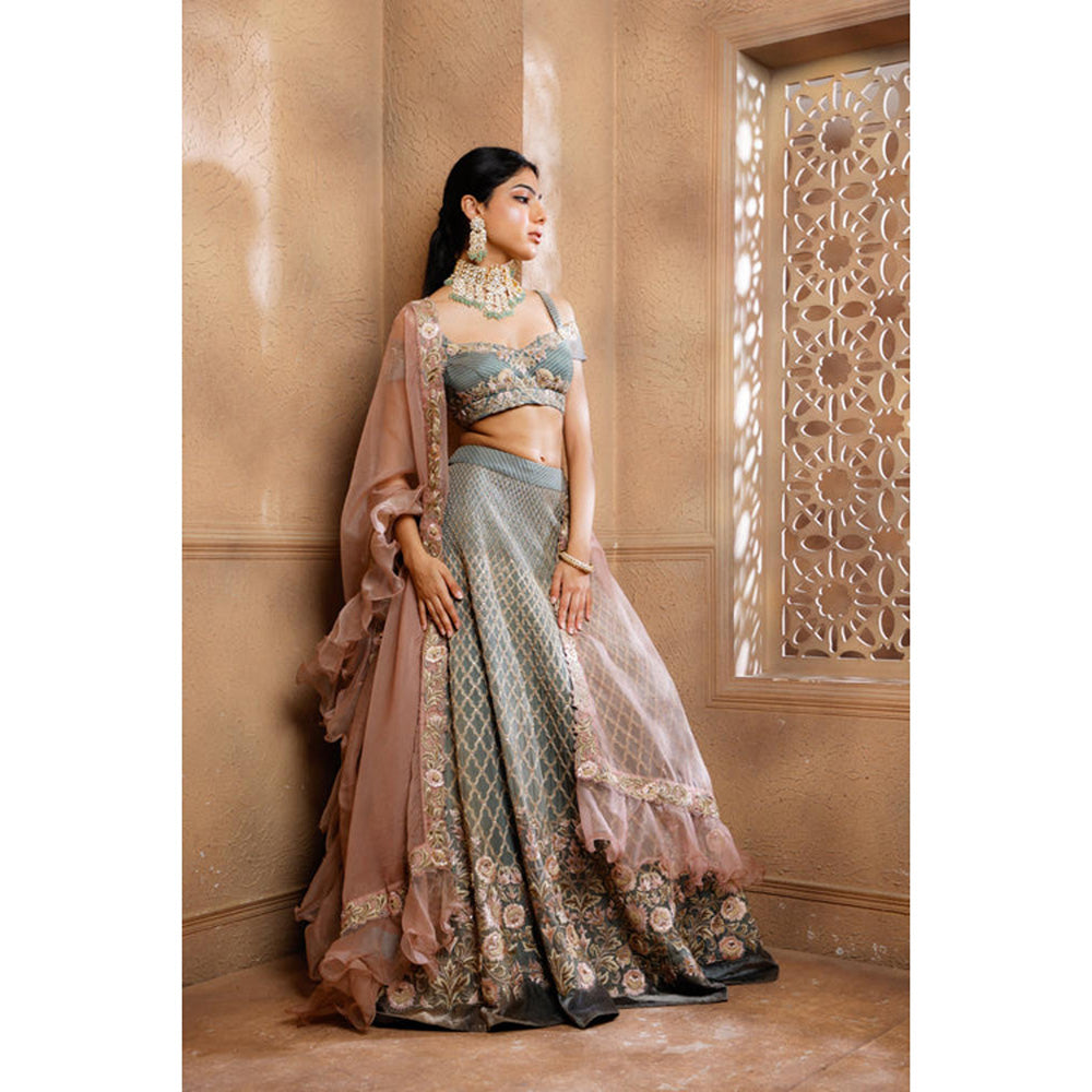 Omana by Ranjana Bothra Grey Organza Embroidered Blouse with Lehenga and Dupatta