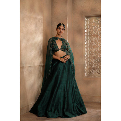 Omana by Ranjana Bothra Green Organza Embroidered Blouse with Lehenga and Cape