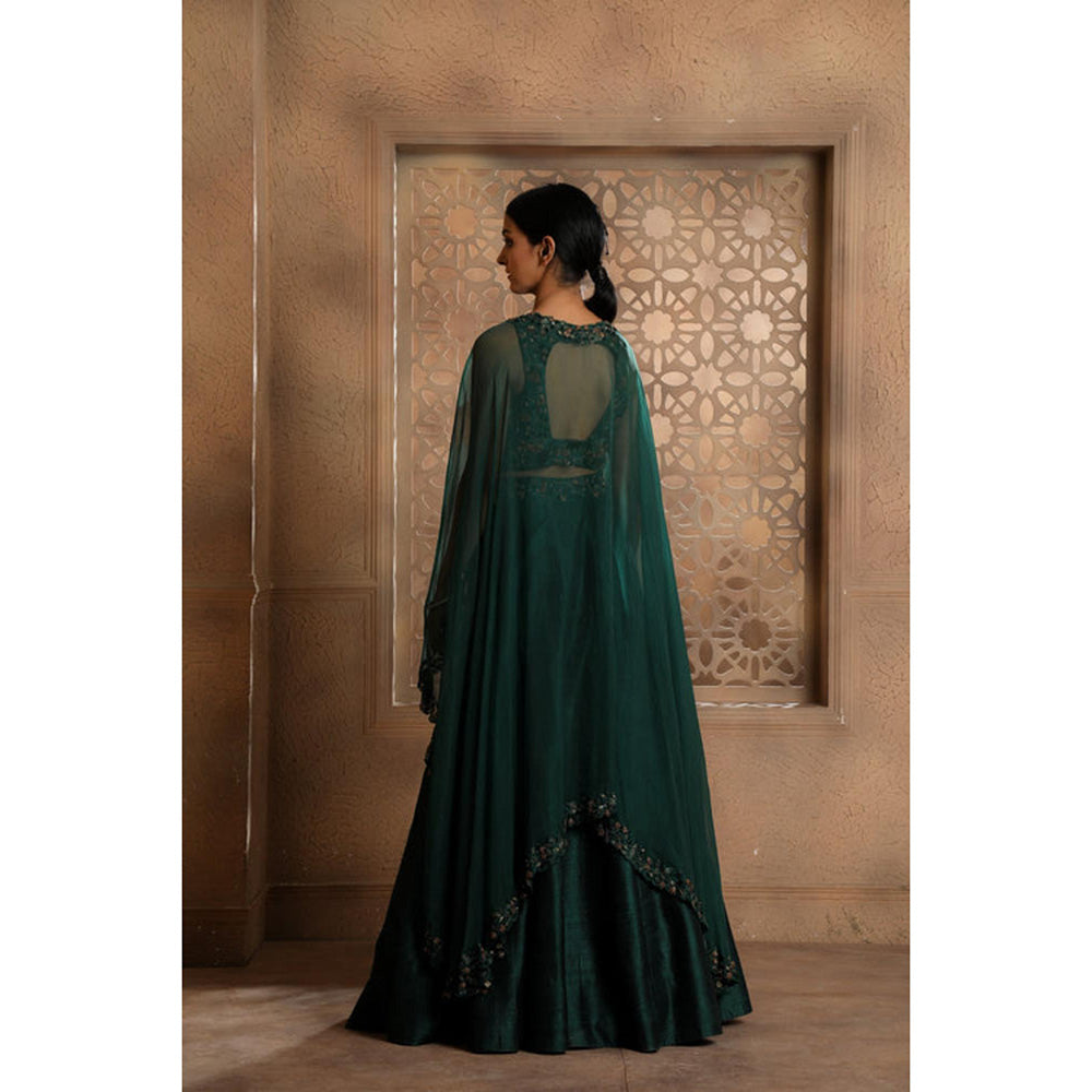 Omana by Ranjana Bothra Green Organza Embroidered Blouse with Lehenga and Cape