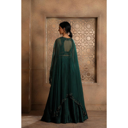 Omana by Ranjana Bothra Green Organza Embroidered Blouse with Lehenga and Cape