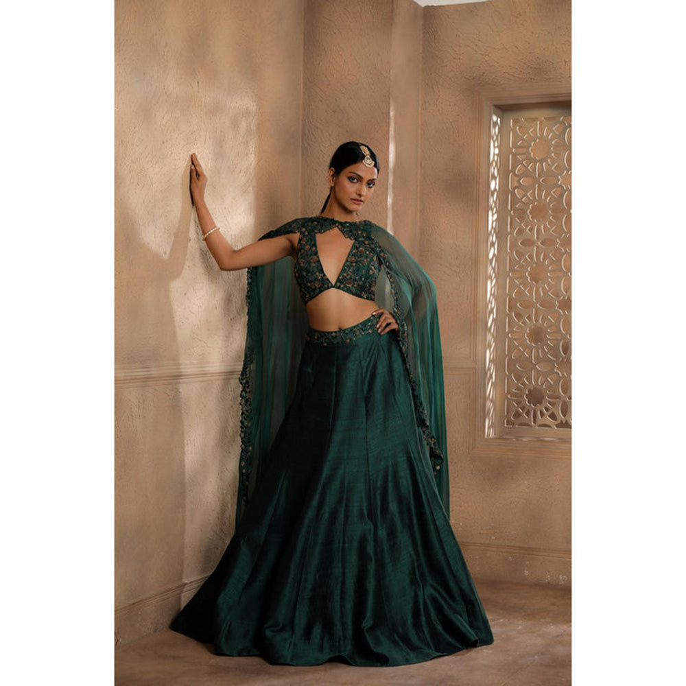 Omana by Ranjana Bothra Green Organza Embroidered Blouse with Lehenga and Cape