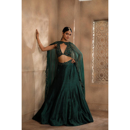 Omana by Ranjana Bothra Green Organza Embroidered Blouse with Lehenga and Cape