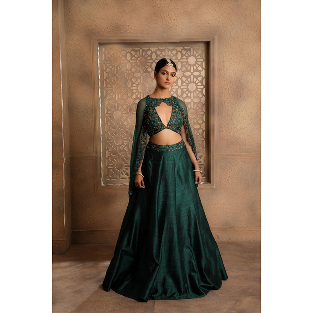 Omana by Ranjana Bothra Green Organza Embroidered Blouse with Lehenga and Cape