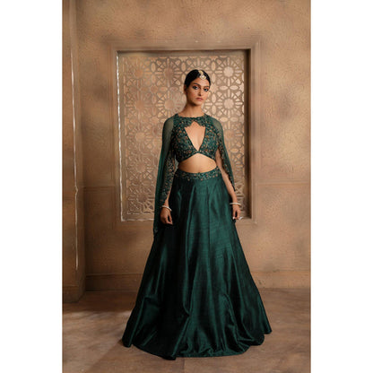 Omana by Ranjana Bothra Green Organza Embroidered Blouse with Lehenga and Cape