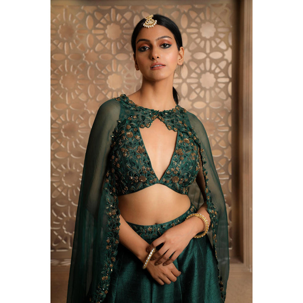 Omana by Ranjana Bothra Green Organza Embroidered Blouse with Lehenga and Cape