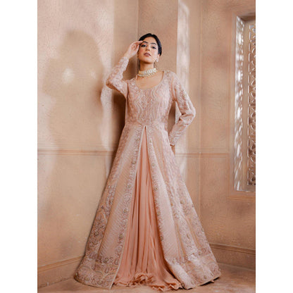 Omana by Ranjana Bothra Pink Organza Embroidered Blouse with Lehenga and Jacket
