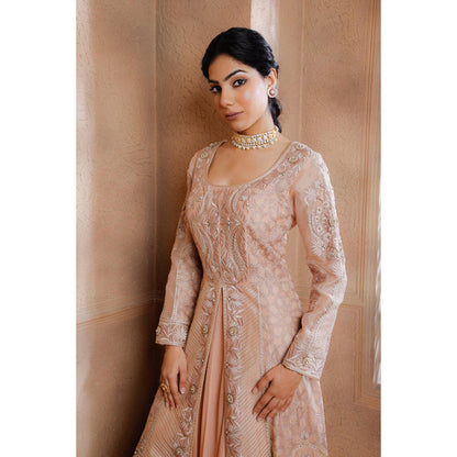 Omana by Ranjana Bothra Pink Organza Embroidered Blouse with Lehenga and Jacket