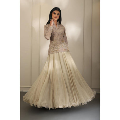 Omana by Ranjana Bothra Beige Organza Embroidered Jacket with Lehenga
