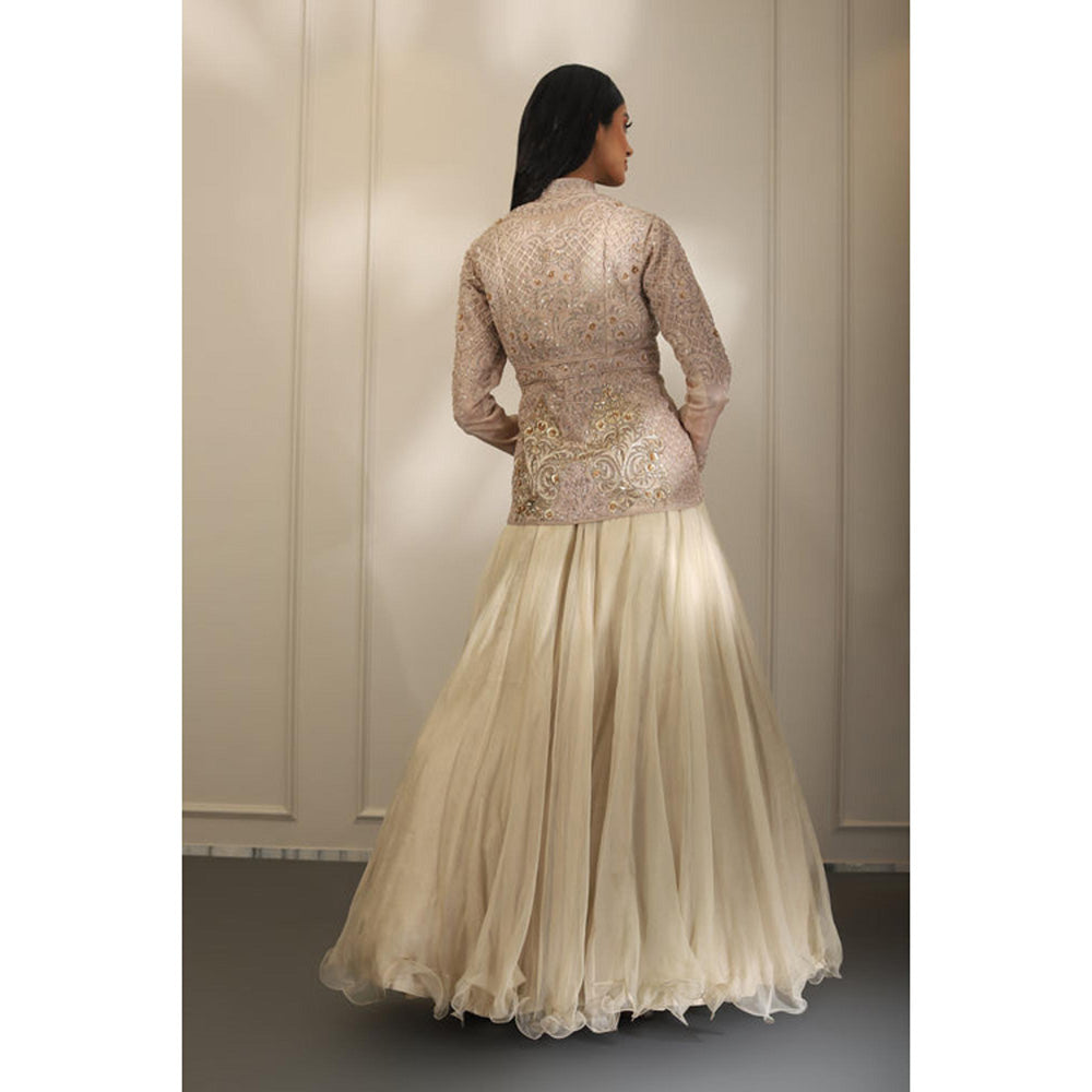 Omana by Ranjana Bothra Beige Organza Embroidered Jacket with Lehenga